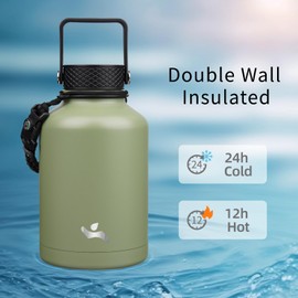 Konokyo Insulated Water Bottle with Straw,50 oz 3 Lids Water Jug with Carrying Bag,Paracord Handle,Double Wall Vacuum Stainless Steel Metal Flask,Camp Green