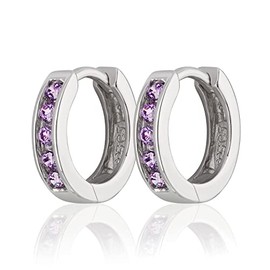 NKlaus Pair of 12 mm 925 Sterling Silver Hinged Hoop Earrings Zircon Amethyst Rhodium-Plated 2129, Sterling Silver, Cubic Zirconia