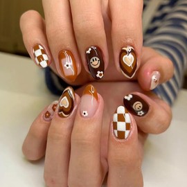 Short Almond Press on Nails Fall Brown Fake Nails French Tip False Nails with Hearts Flowers Brown Checkerboard Designs Cute Full Cover Round Head Acrylic Nails Glossy Autumn Glue on Nails for Women