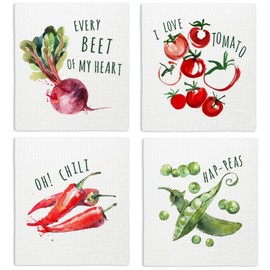 LARTSFRO Swedish Dishcloths for Kitchen, Swedish Dish Cleaning Cloths for Vegetable, Beet Chili Tomato Peas，Papaya Reusable Paper Towels, 4 Pack Dish Towels for Kitchen, Reusable Dishcloths Washable