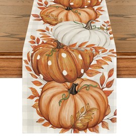 Artoid Mode Buffalo Plaid Orange Pumpkins Eucalyptus Fall Table Runner, Autumn Thanksgiving Kitchen Dining Table Decoration for Home Party Decor 13x108 Inch