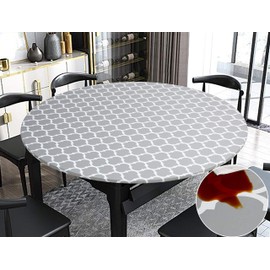 Rally Home Goods Indoor Outdoor Patio Round Fitted Vinyl Tablecloth, Flannel Backing, Elastic Edge, Waterproof Wipeable Plastic Cover, Gray Arabic Trellis Pattern for 10-Seater 57-72’’ Diam (60, 70'')