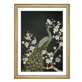 SIGNFORD Premium Framed Wall Art Majestic Peacock with Blossoms Vintage Illustrations Fine Art Farmhouse/Country Decorative Rustic Vintage Antique Classic for Bedroom - 26"x36" Gold