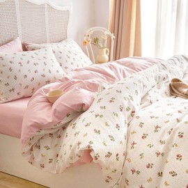 Sedefen Bed Linen 135 x 200 cm White Pink Flowers Leaves Duvet Cover Colourful Floral Plant Pattern Reversible Bedding Set Microfibre Girls Bedding Set with Zip and Pillowcase 80 x 80 cm