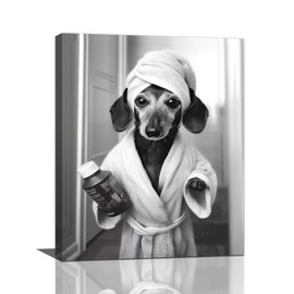 Crekviy Funny Dachshund Bathroom Decor Wall Art Black and White Dog Pictures Cute Weiner Dog Bathrobe Bathing Canvas Prints Painting Artwork Home Decorations Framed Gifts 16"x20"