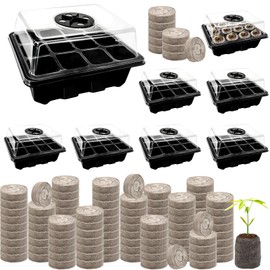 Halatool Seed Starter Kit 8 Pack 96 Cells Black Plant Germination Trays with 100 PCS Peat Pellets for Seedlings Organic Seed Stater Soil Pods for Seeds Growing Planting Vegetables, Flowers