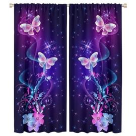 Butterfly Window Curtains,Pink Purple Butterfly Shining Light Blackout Rod Pocket Thermal Drapes Window Treatments for Boys Girls Bedroom Living Room Decor W42xL54in