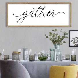 FZMHASLWW Gather Sign Wall Decor 32"×12" Large Wooden Framed for Dining Room Simple Home Kitchen Hanging Art (Wood)