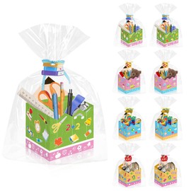 CIEOVO 24 Set Back to School Baskets for Gifts Empty with Cellophane Basket Bags Bows, Welcome Back to School Treat Boxes Market Tray Cardboard Basket to Fill for Back to School Classroom Party Decor