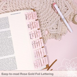 Idyllic Grace - Bible Tabs, Rose Gold Foil Lettering, Bible Journaling, Study Tool, New and Old Testament, Christian, Catholic, Apocrypha, 90 Tabs, Indexing, Glossy Laminated, Durable - Be The Light