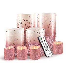 FURORA LIGHTING Pink Glitter LED Candles with Remote and Timer, 4 Pillars and 4 Votives Pack of 8, Real Wax Flameless Flickering Candles for Home Décor, Battery Included