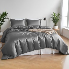 Linenwalas Duvet Cover Set Queen Size - Viscose Derived from Bamboo Soft, Breathable, Light Weight, Cooling Comforter Cover with Zipper Closure and Corner Ties (Queen, Light Grey)