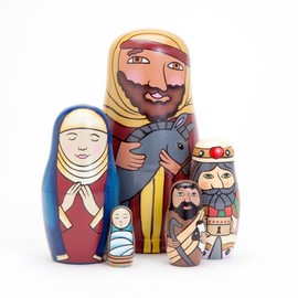 Bits and Pieces - 5pc Nesting Doll Holy Family -The Nativity Family Hand Painted Hand Made Wooden Nesting Dolls Matryoshka Nativity Figurines - Set of 5 Dolls from 5.5" Tall