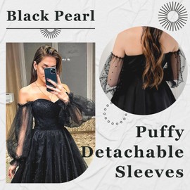 YAEISM Pearl Black Puffy Sleeves Detachable Tulle Sleeves Wedding Gloves Fingerless Bridal Lace Gloves for Women and Girls