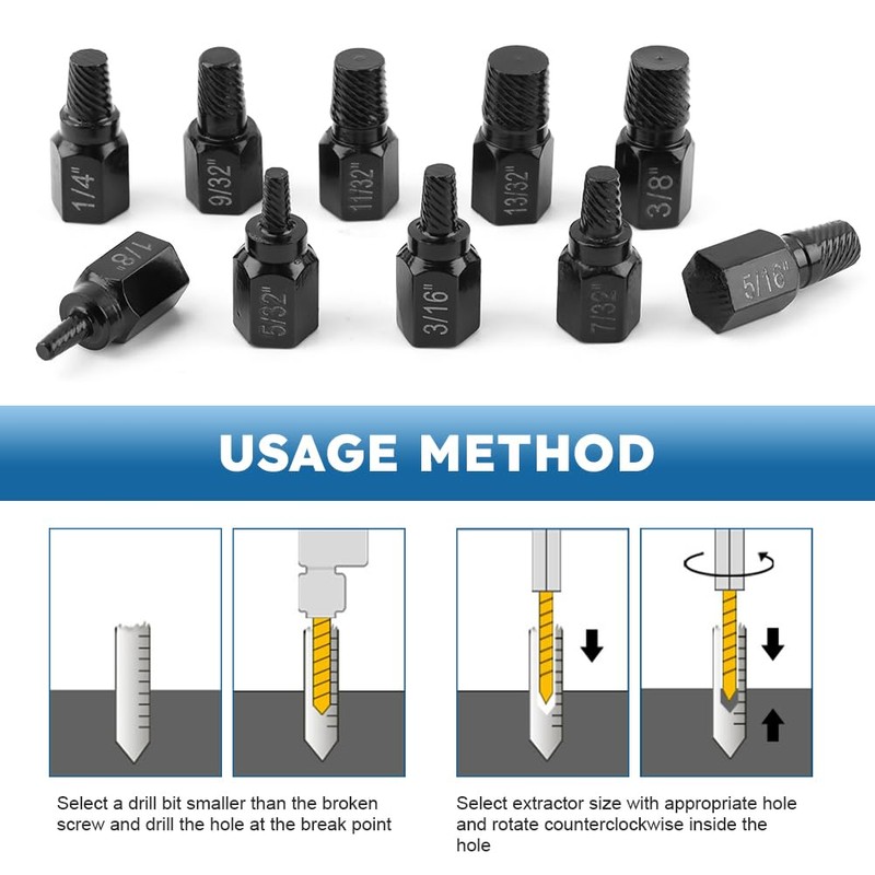 10Pcs Screw Extractor Set, Easy Out Bolt Extractor Kit, Single-Head