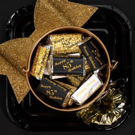 85th Birthday Miniatures Candy Bar Wrapper, (Set of 60) Mini Candy Bar Stickers; 3 Designs: 24 Gold, 24 Black, 12 White, Candy Not Included. Made in USA