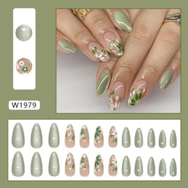 Almond Press on Nails Short Fake Nails French False Nails Cat eyeArtificial Nails with Floral Designs Acrylic Nail Press ons GreenStick on Nails for Women 24pcs