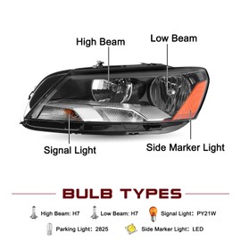 JSBOYAT Fits for 2012 2013 2014 2015 Volkswagen VW Passat Headlight Assembly 6 Pin OE Halogen Replacement Headlamp Left/Driver Side High/Low Beam Bulbs Included