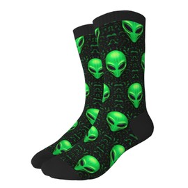 NeuKim Novelty Crew Socks Crazy Dress Socks Fun Colorful Novelty Graphic Crew Tube Socks Mid-Calf Funny Socks, Funny Green Alien Face, 5.5-12 Tall