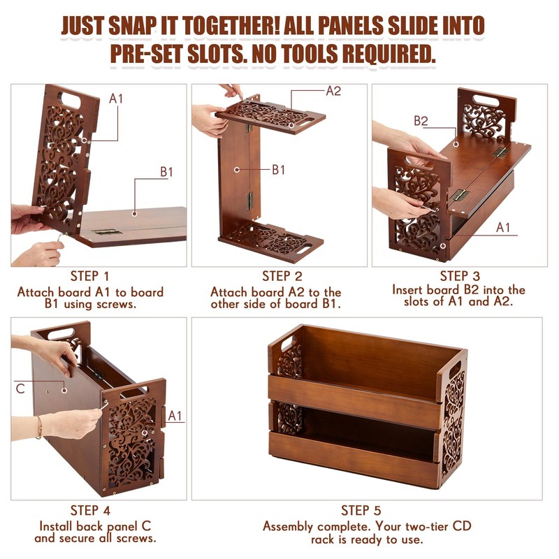 CroBlissful 2-Tier Wooden CD Storage Holder, Cutout Brown CD Display