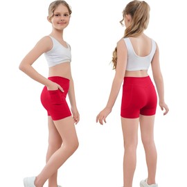 MEJING 4" Girls Cross Waist Athletic Shorts with Pockets, Biker Volleyball Running Cheer Dance Yoga Gymnastics Shorts, Red, Medium