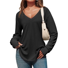 Tankaneo Womens Deep V Neck Tunic Tops Long Sleeve Oversized Casual Loose Fit Curved Hem T Shirts Black