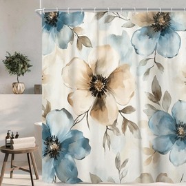 Dizifinn Floral Shower Curtain for Bathroom, Cream Tan Beige Blue Grey White Watercolor Flower Fabric Shower Curtain, Vintage Farmhouse Flower Shower Curtain Sets, with Hooks 72x72 Inch
