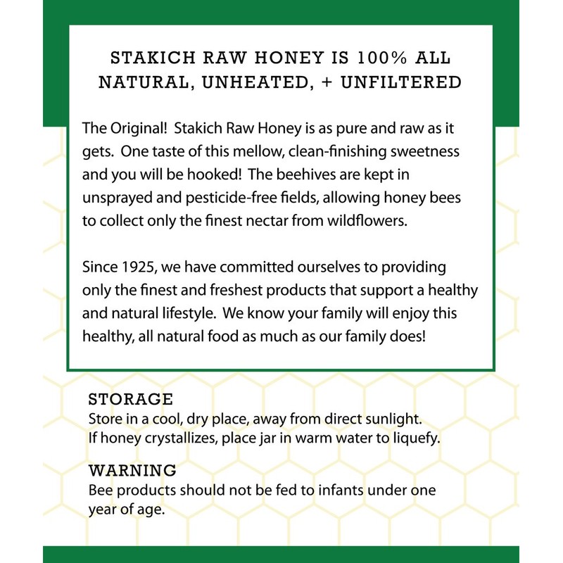 Stakich Raw Honey - Pure, Unprocessed, Unheated, Kosher - 40