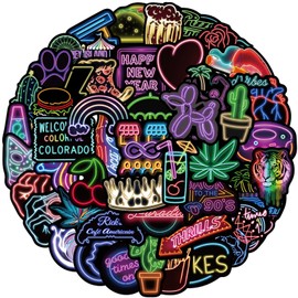 50 Pcs Cool Neon Stickers Pack for Kids Teens Adults, Waterproof Water Bottle Neon Stickers for Laptop, Scrapbooking, Skateboard, Car, Luggage, Helmet
