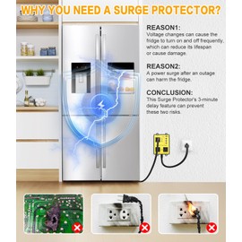 Refrigerator Surge Protector, 3-Outlet for Home Appliance, Time Delay, LED Indicator Light & 110dB Alarm, Protects Against Voltage Abnormalities, Brownout, Spike, Instant Surge-Yellow