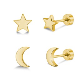 2 Pairs 14K Gold Women Earrings, Titanium Flat Back Earrings, Hypoallergenic Star Moon Earrings, Nickel Free Stud Earrings for Men (Moon & Star-Gold)