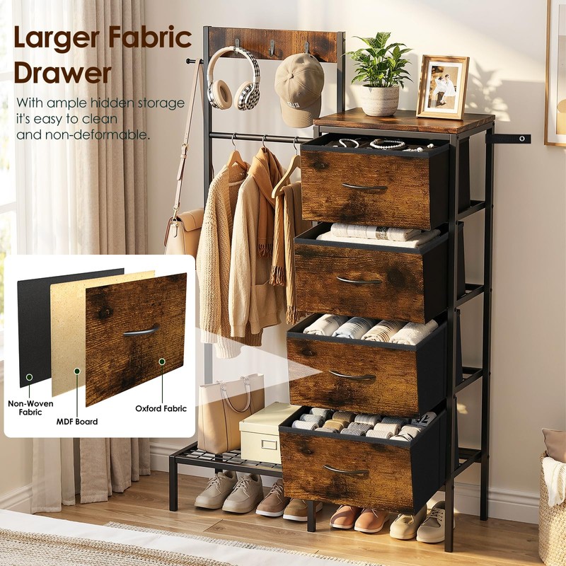 Lewondr Dresser with Hanging Rack and Storage Drawers, Brown Wood