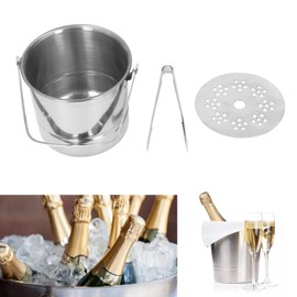 Stainless Steel Ice Bucket 1 L, Ice Bucket for Wine and Champagne Bottles, with Tongs and Strainer, Ice or Wine Bucket for Family Bars and Restaurants 12.5 x 13.8 cm