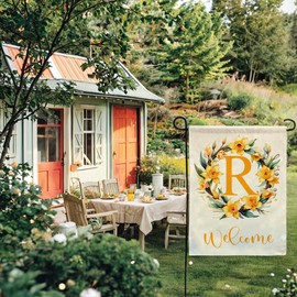 Letter R Garden Flag with Flowers Wreath Double Sided Print Spring Summer Welcome Garden Flags Outdoor House Yard Flags 12.5 x 18 Inch Seasonal Porch Lawn Decor (Yellow)
