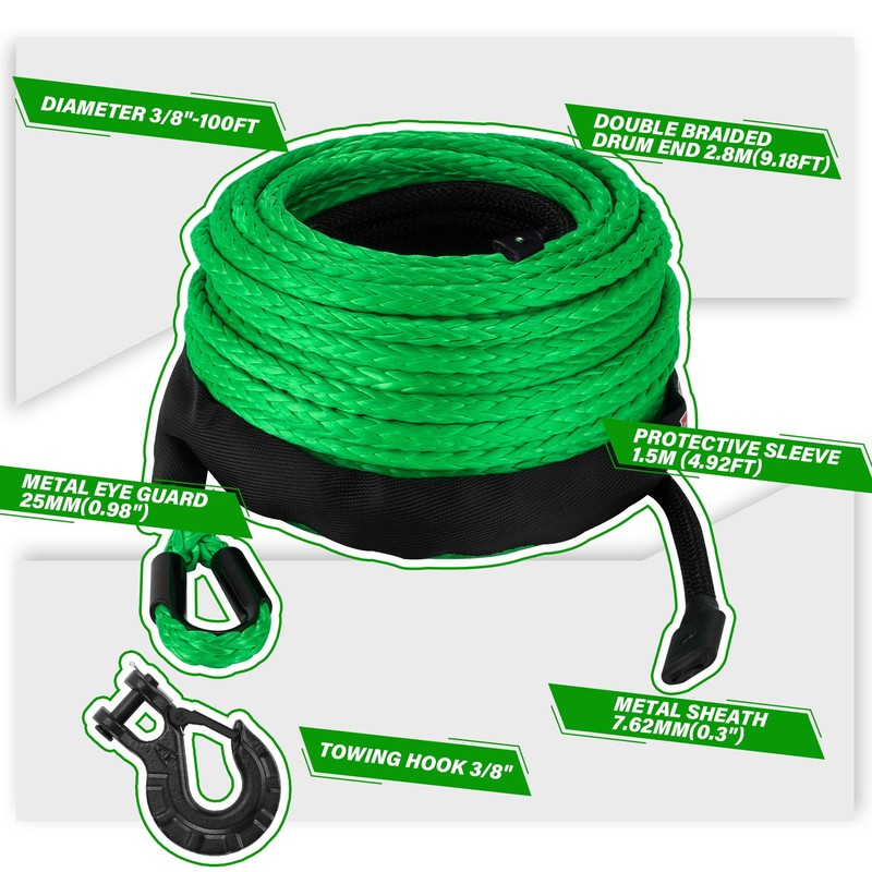 TYT Synthetic Winch Rope 3/8" X 92' with Hook, 27000LBS