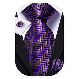Hi-Tie Men Ties Wedding Formal Tie Sets Handkerchief Cufflinks Silk Necktie for Men,Purple Gold Stripe