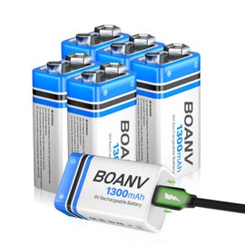 BOANV 6PCS 1300mAh 9V Rechargeable Batteries, 9V Rechargeable USB Lithium Long Lasting Battery, with 2 in 1 Charging Cable, for Smoke Detectors, Alarms, Keypad, Microphone