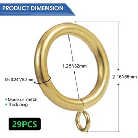 Large Wire Diameter Metal Curtain Ring with Inner Diameter of 32mm, 6.2mm Wire Diameter Fit up 26mm Curtain rods (Gold-29Pcs)