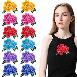 12 Pcs Rose Flower Embroidered Appliques Patches Big Floral Embroidery Patch Decoration Vintage Sew Iron on Badge Patch for DIY Clothing Dresses Jackets Jeans