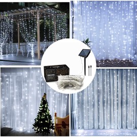 IMAGE Solar Curtain Lights 8 Modes 9.8x9.8 Feet Solar String Lights for Wedding Party Home Decoration Backdrops Full Waterproof UL Safety Standard White