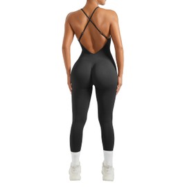 RXRXCOCO Spaghetti Strap Ribbed Jumpsuit Women's Tight Backless Padded Jumpsuit Tummy Control Yoga Sports One-Piece Romper Bodysuit, black