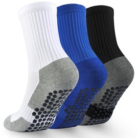 Kids Grip Soccer Socks Boys Basketball Crew Socks Cushioned Athletic Non Slip Socks Girls Running Sports 7-10 Years Children 3 Pairs (Black+Blue+White, M)