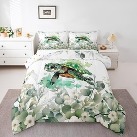 Erosebridal Cute Sea Turtle Full Bedding Sets for Kids Child Green Eucalyptus Comforter Set, Marine Animal Down Comforter Botanical Plant Leaves Bedding Comforter Sets, Cartoon Wildlife Duvet Insert