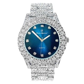 Charles Raymond Bling-ed Out Round Metal Mens Color on Blast Silver Tone Watch with Diamond Time Indicators - Ice on Fire!!! - ST10327DxxS (Silver Royal Blue)