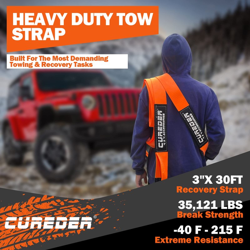 Cureder Tow Strap - 3'' x 30ft Recovery Strap,Lab Tested