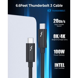 Cable Matters [Intel Certified] 20Gbps Thunderbolt 3 Cable - 6.6ft, USB-C Thunderbolt Cable, Supports 100W Charging, 8K Video, and Data Transfer, Black