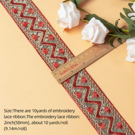 CABODYALS 10 Yards 2 Inch Red Gold Beaded Lace Trim Embroidery Lace Ribbon Glitter Sequin Metallic Vintage Sequins Edging Ribbons for Sewing Making Craft Gift Wrapping Wedding Christmas Decor Supply