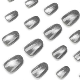 Press on Nails Short Bling Cat Eye Oval Acrylic Nails Press ons Solid Color Gray Full Cover Glue on Nails Glossy Artificia Fake Nails Silver Glitter Stick on Nails for Women Girls 24 Pcs