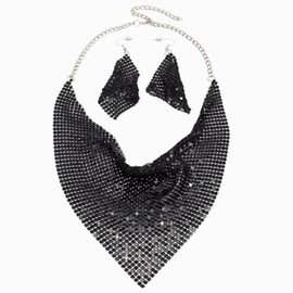 Dishowme Sequins Triangle Scarf Necklace Earrings Sets 3 Pieces Punk Glitter Coins Sequins Collar Necklace Jewellery for Women Masquerade Banquet Party, Unit size, Metal, No Gemstone