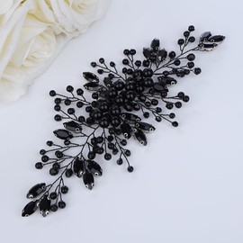 Teyglen Bridal Black Crystal Hair Vine Vintage Black Headpiece Flower Wedding Headband Handmade Black Rhinestone Pearl Hair Piece Floral Hair Accessories for Women Girls